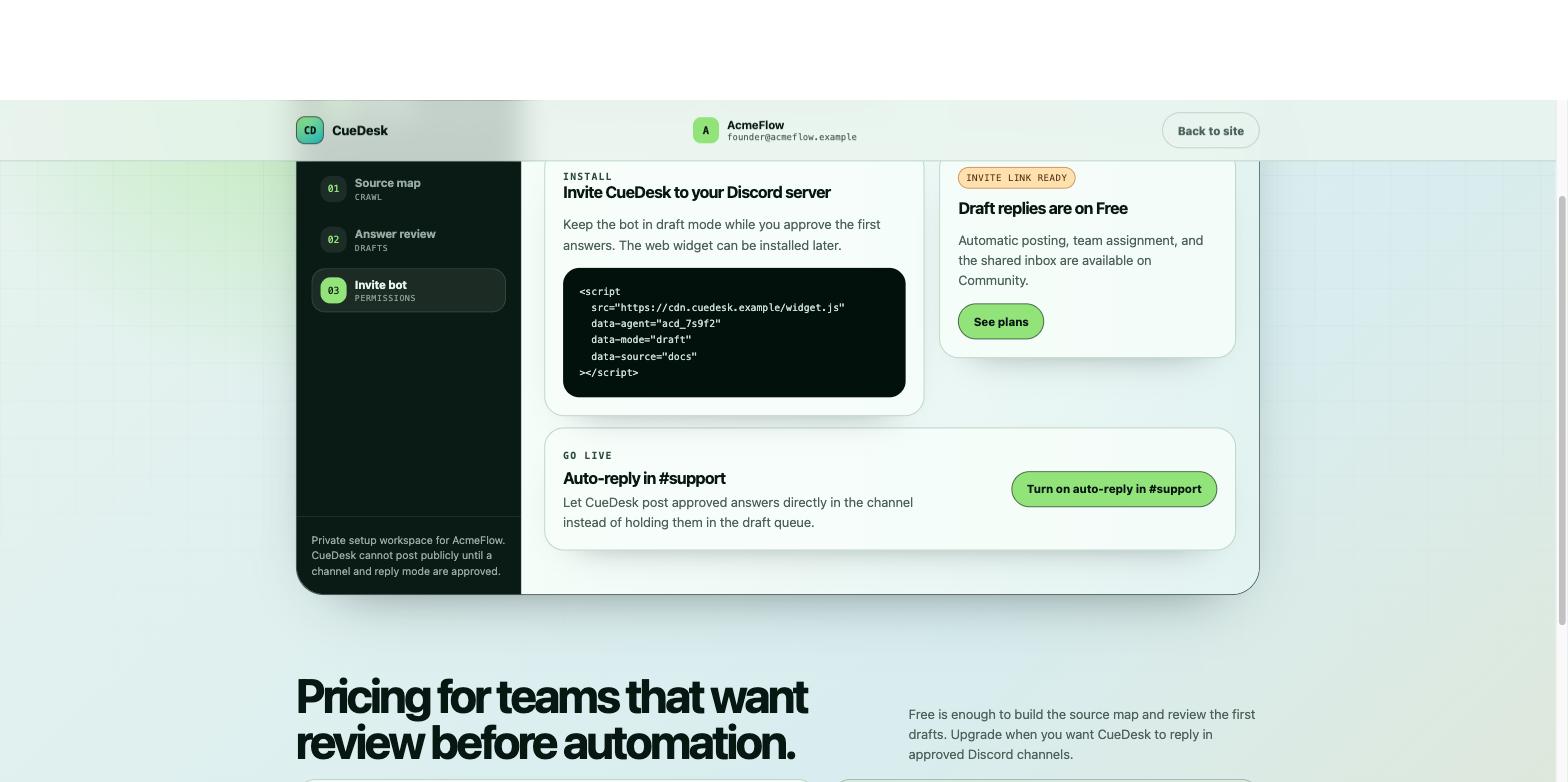 Invite CueDesk to Discord — install + “Draft replies are on Free · See plans”
